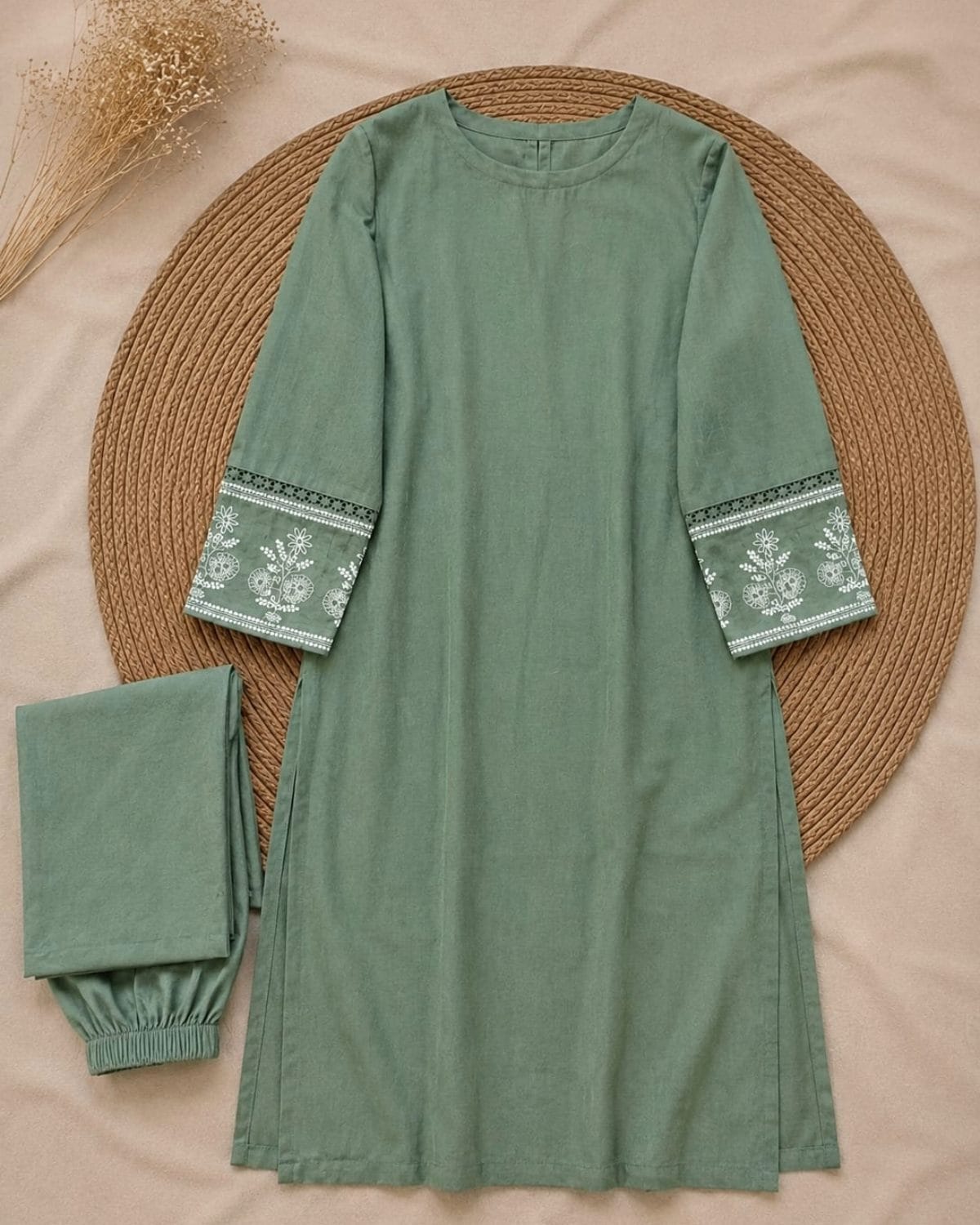 sage green embroidered co ord set