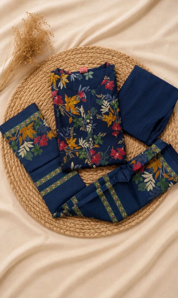 Navy Blue Floral Printed Pattern Kurthi Set