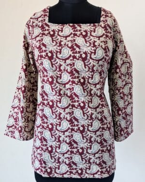 Short Kurti Maroon Paisley Lace-Up Cotton Top