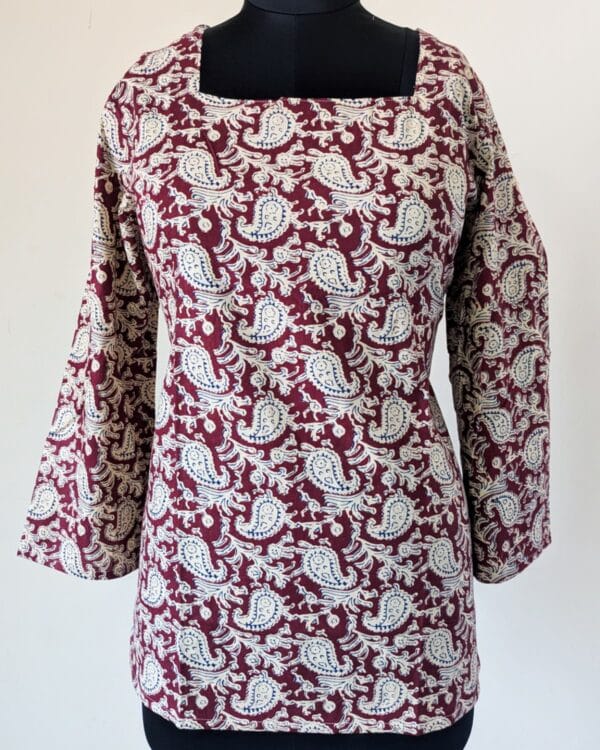 Short Kurti Maroon Paisley Lace-Up Cotton Top