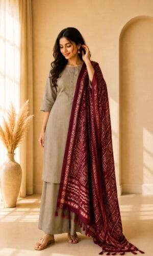 Beige palazzo cord set / Kota Doria Style Printed Dupatta