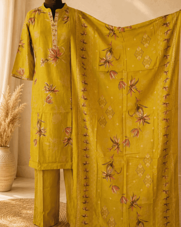 Untitled design (2) Mustard Yellow Floral Kurthi Pant Set With Dupatta
