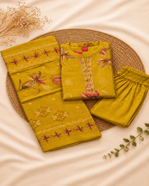 Mustard Yellow Floral Kurthi Pant Set With Dupatta