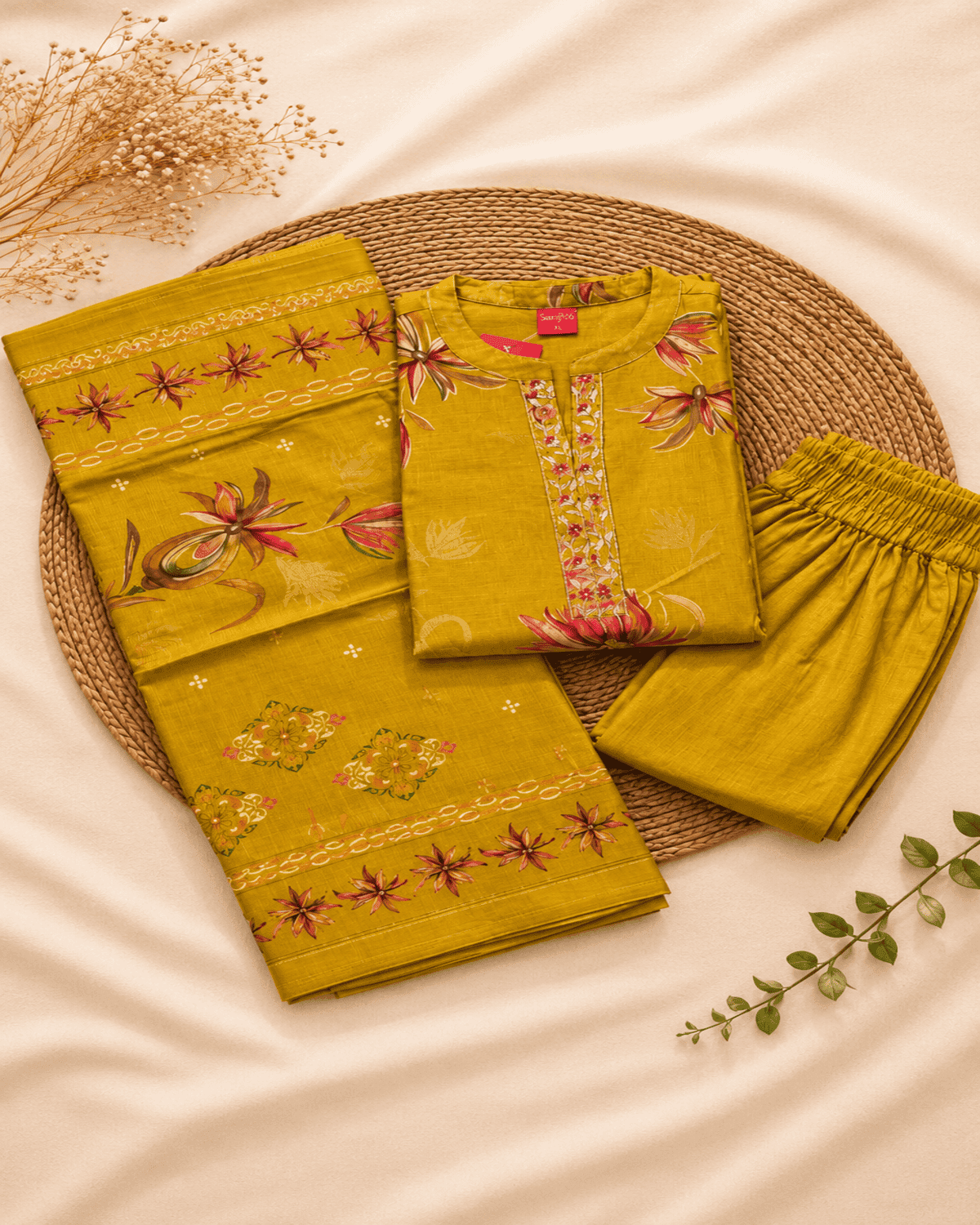Mustard Yellow Floral Kurthi Pant Set With Dupatta