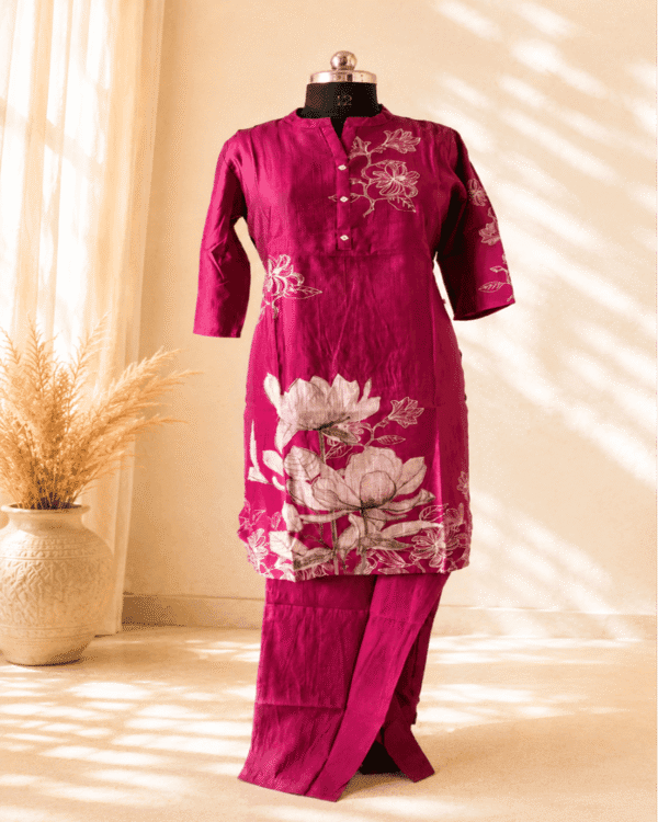 Rani Pink Floral Printed Kurta Pant Set